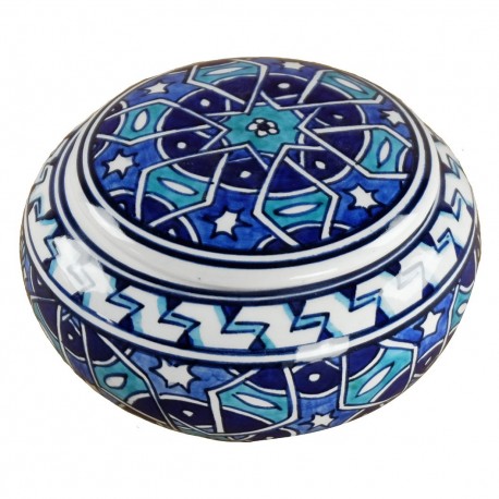 Boîte bleue orientale Seldjouk 12cm, céramique motifs géométriques